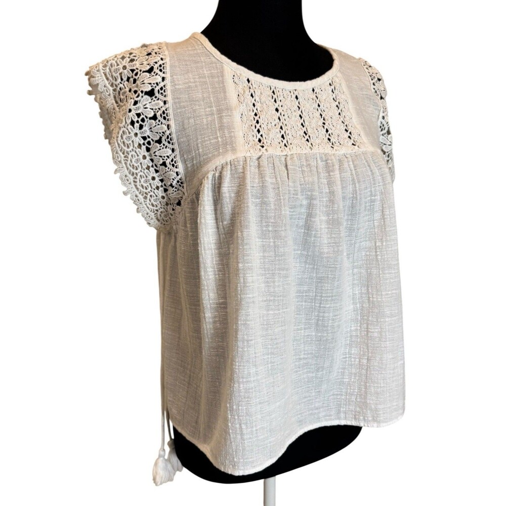 Rocks & Indigo Women’s White Crop Boho Crochet Peasant Blouse Cotton Size M Med